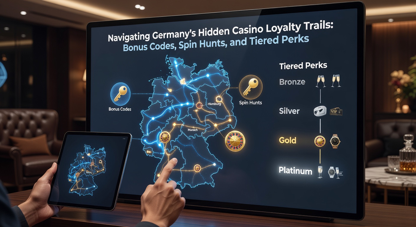 Visuelle Darstellung einer Freispin-Jagd in einem digitalen Casino-Labyrinth, mit Münzen, Symbolen und aufsteigenden Treuestufen, die den Fortschritt illustrieren