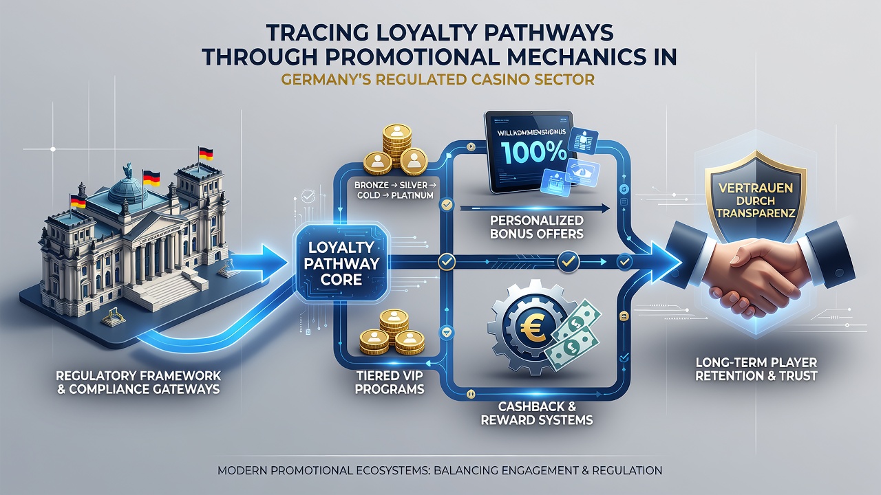 Illustration von Tracking-Systemen und gestaffelten Belohnungen in deutschen Online-Casinos